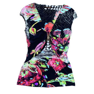 Roberto Cavalli Colorful Black Floral Blouse Women’s Size 42 Designer Preppy